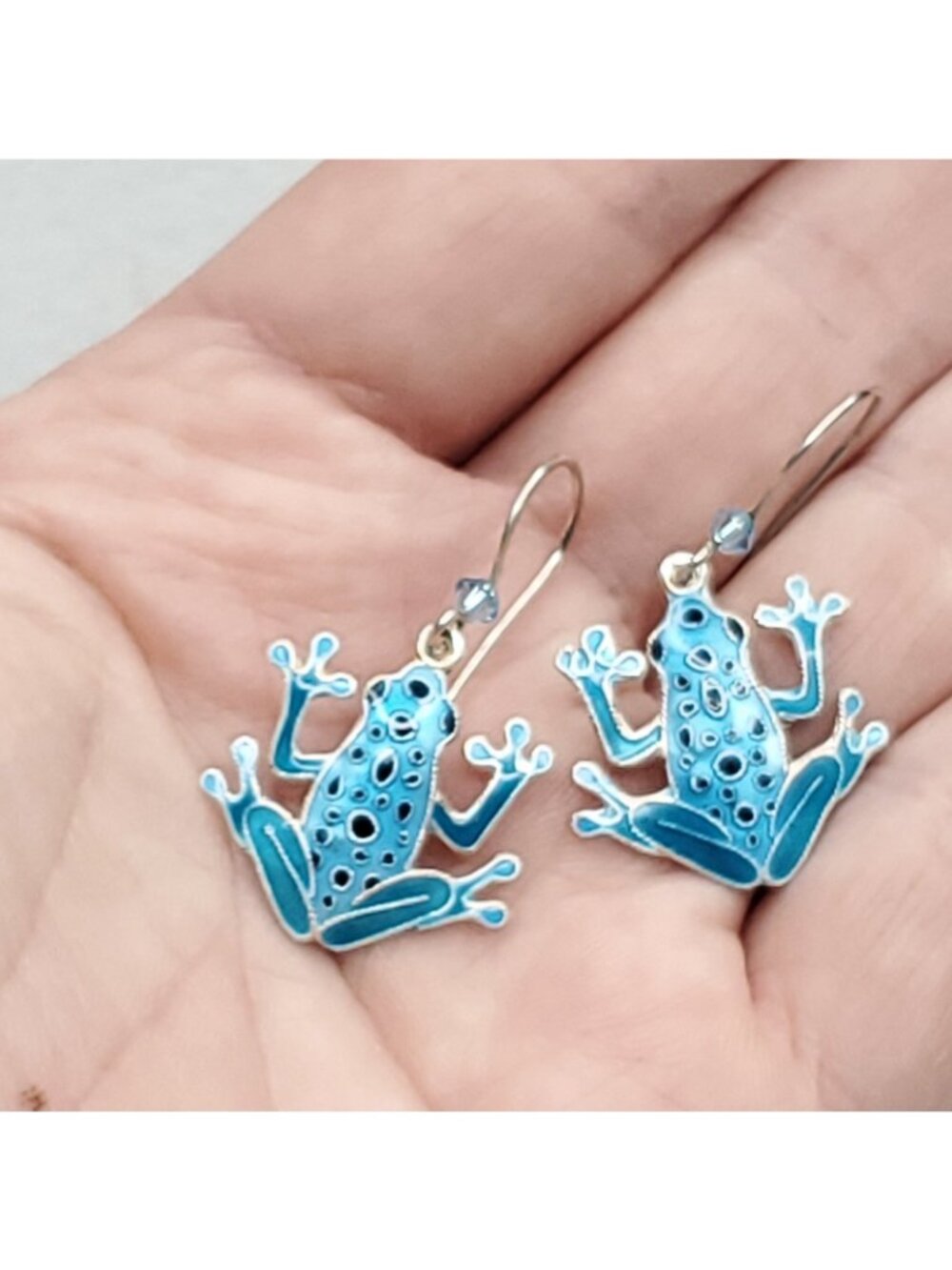 Sterling Silver Cloisonne Frog Earrings Dangle Blue Spotted 3/4" Bamboo Brand - Picture 4 of 7